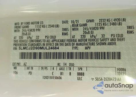 2021 Lincoln Corsair Reserve z USA, uszkodzony, nr VIN 5LMCJ2D90MUL24684